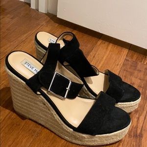 Black suede thick strapped wedge heels